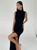 Ladies Leisure Knitwear Turtleneck Sleeveless Knitted Midi Dress Sheath Split Sexy Dress
