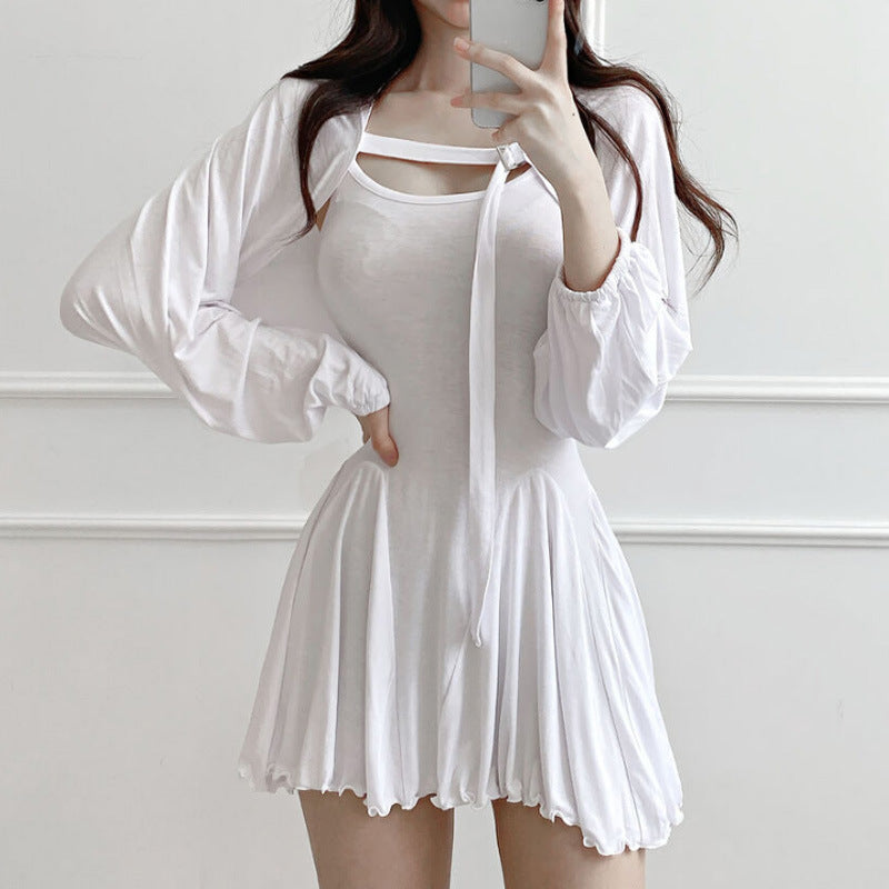 Women Dresses Lotus Leaf Dress Long Sleeve Coat Lantern Sleeve Two-Piece Suit with a Shawl