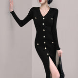 Women Maxi Dress Autumn and Winter V-neck Hip Knitwear Dress