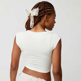 Women T-shirt Summer Square Collar Bare Midriff Slim Fit T-shirt Top