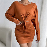 Women Dress Winter Long Sleeve round Neck Hollow Sheath Skirt