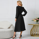 Women Date Dress Sexy V-neck Bubble Lantern Sleeve Pleated Skirt