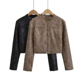 Women Leather Jacket Retro Short Slim-Fitting Biker Jacket Autumn Leather Coat Suede Jacket