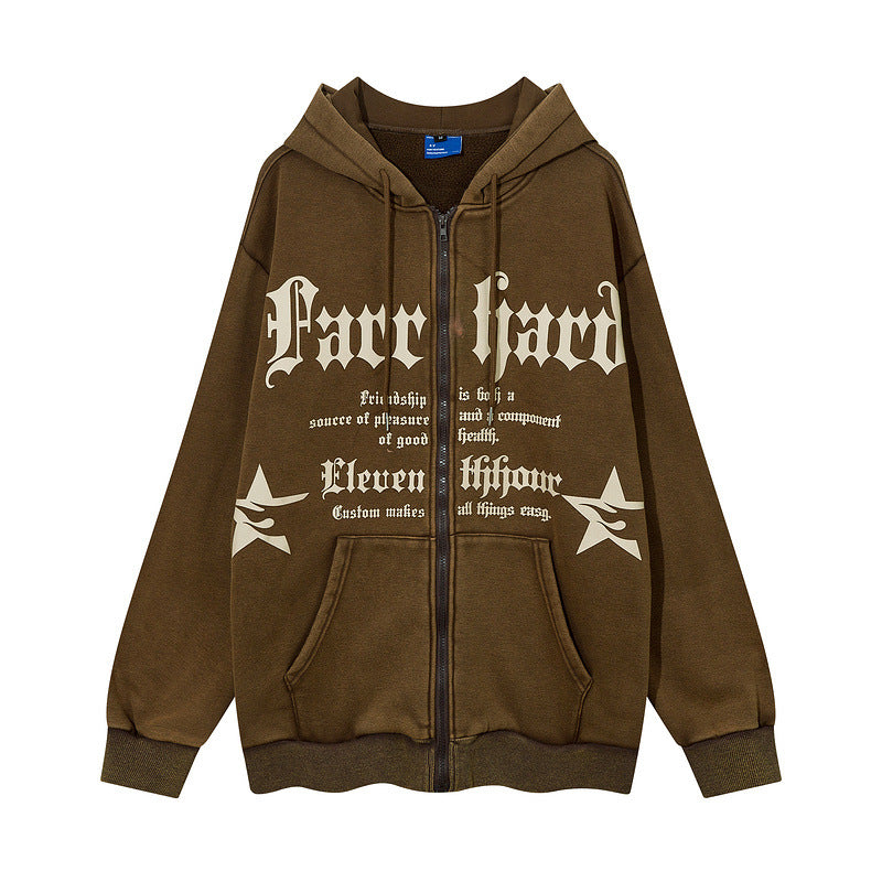 Men Hoodie Vintage Fleece-Lined Hooded Zip Jacket