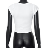 Women T-shirt Summer Square Collar Bare Midriff Slim Fit T-shirt Top