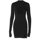 Women Dresses Spring Sexy Chest Hollow Long Sleeve Slim-Fit Slit Hip-Wrapped Dress