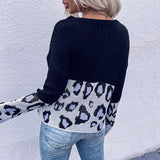 Women Knitted Sweater Autumn Stitching Long Sleeve Leopard-Print Sweater Loose