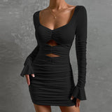 Honeymoon Dresses Autumn and Winter Women's Hollow Dress Long Sleeve Sexy V-Neck