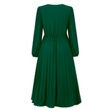 Women Date Dress Sexy V-neck Bubble Lantern Sleeve Pleated Skirt
