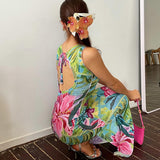 Women Dresses Summer Casual Backless Floral Print Slim Fit Dress (Bla0420)