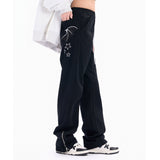 Men Sweatpants Pocket Wings Embroidered Straight Zipper Slit Jeans