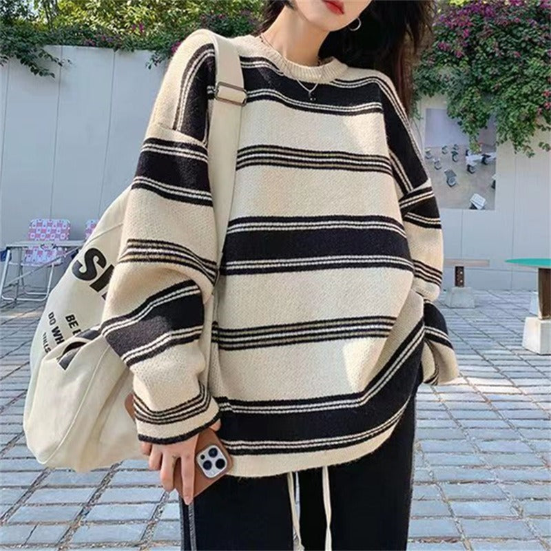 Women Knitwear Autumn and Winter Striped round Neck Sweater Sweater
