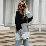 Women Knitted Sweater Autumn and Winter Loose Color-Block Crew Neck Pullover Sweater