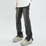 Men Jeans Washed Distressed Side Zipper Jeans