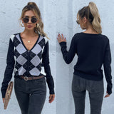 Women Knitted Sweater Autumn Long Sleeve Diamond Plaid V-neck Cardigan Knitted Sweater Coat