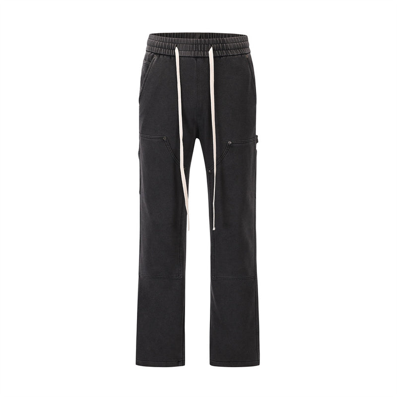 Men Sweatpants Rivet Multi-Pocket Slacks Loose Stitching Drawstring Elastic Waist Straight-Leg Trousers