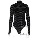 Women Jumpsuit Summer Stripes High Collar Slim Fit Long Sleeves Finger Stall Jumpsuit