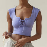 Women T-shirt Summer Square Collar Bare Midriff Slim Fit T-shirt Top