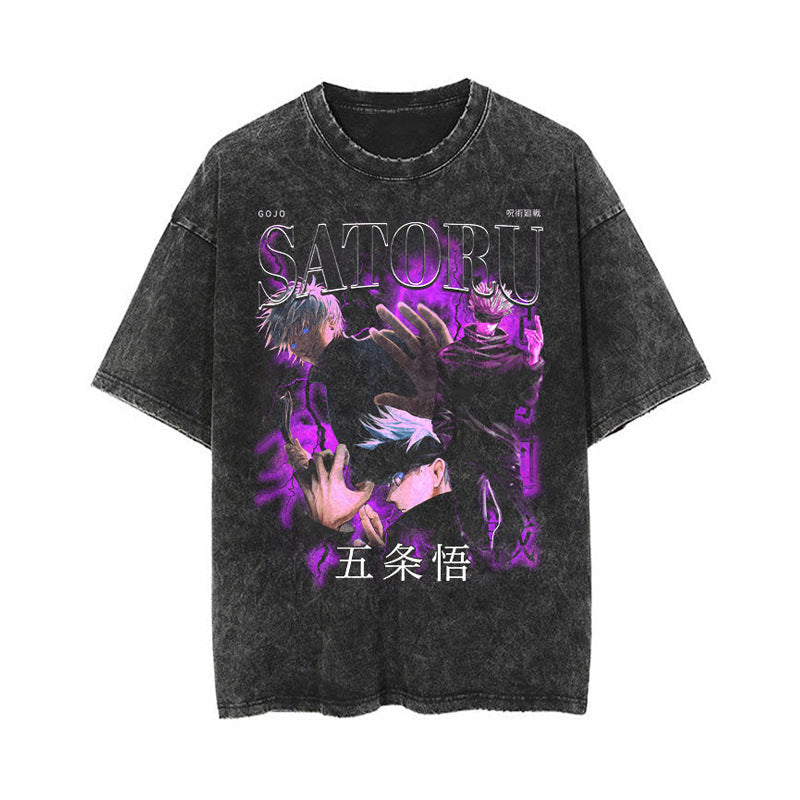 Cotton washed summer retro printed T-shirt men's and women's short sleeves