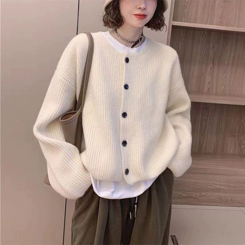 Women Knitted Cardigan Sweater Coat Autumn and Winter Loose round Neck Knitted Cardigan