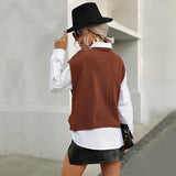 Women Knitted Sweater Autumn Short Sleeve Solid Color Cable-Knit Sweater Vest Jacket