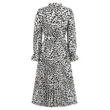 Women Date Dress Leopard Print Stud for Autumn and Winter Stand Collar Long Sleeve Dress Pleated Dress
