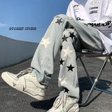 Men Jeans Five-Pointed Star Embroidered Jeans Retro Tattered Jeans Straight-Leg Pants