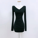 Women Dresses Sexy V-neck Hip Skirt Long Sleeve Dress