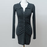 Women Dresses Polo Collar Slim Fit Hip Skirt Long Sleeve Single Breasted Dress