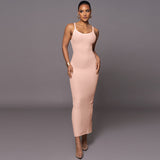 Women Dresses Summer U-Neck Split Sling Dress (Bla0420)