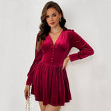 Women Dress Fall/Winter Sexy V-neck Long Sleeve Velvet Party Dress