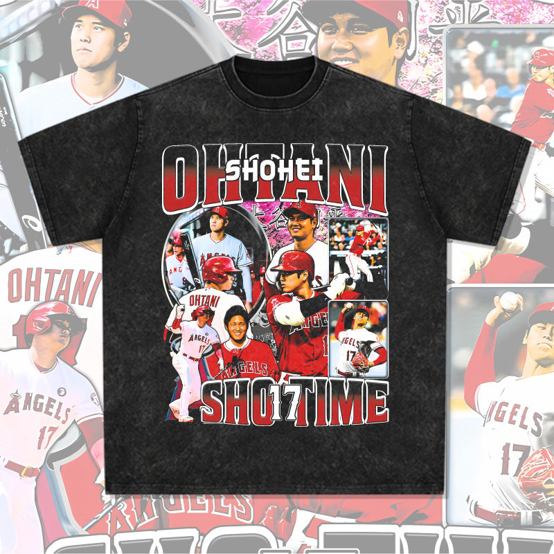 Mens Vintage baseball T-Shirt Vintage Shohei Ohtani Printed Short Sleeve T-Shirt Washed Crew Neck