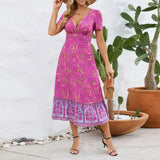 Women Date Dress Floral Dress Short Sleeve V-neck Bohemian A- line Skirt