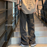 Men Jeans Straight Jeans Men's Spring and Summer Letters Embroidered Wide-Leg Pants