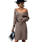 Women Knitted Sweater Autumn and Winter Leisure Long Sleeve Solid Color and V-neck Woolen Skirt