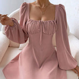 Women Dress Autumn and Winter Puff Sleeve Square Collar Dress