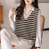 Women Knitted Pullover Autumn and Winter Knitting Female Striped V-neck Loose-Fitting Waistcoat