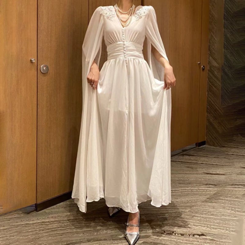 Women Dresses Vintage Dress Spring V-neck Voile Dress (Qymy0409)