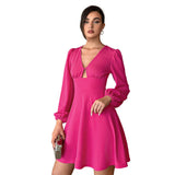 Women Dress Autumn and Winter V-neck Puff Sleeve Mini Dress