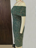 Women Evening Gown Sexy Retro Backless Green Sequins Dress