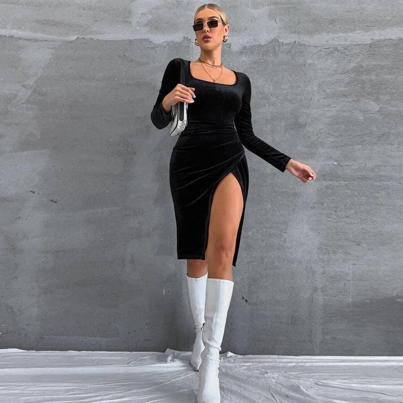 Women Dress Spring and Summer Sexy Slim Fit Square Collar Long Sleeve Velvet Hip Skirt Dress