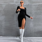 Women Dress Spring and Summer Sexy Slim Fit Square Collar Long Sleeve Velvet Hip Skirt Dress