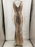 Women Evening Gown Sexy V-neck Vintage Party Sequins Dress