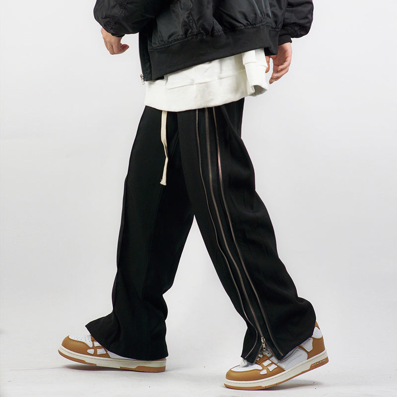 Men Sweatpants Side Zipper Hem Slit Casual Pants Baggy Straight Trousers