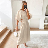 Women Dress Casual Hollow round Neck Puff Sleeve Dress