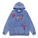 Men Hoodie Retro Hip Hop Letter Embroidered Patch Washed Hooded Sweater