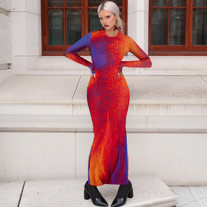 Women Dresses Fall Slim Fit round-Neck Long-Sleeved Dress