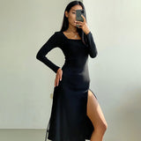 Women Dress Autumn Winter Retro Elegant Square Collar Long Sleeve Dress