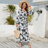 Women Date Dress Autumn Winter Sexy Long Sleeve V-neck Lantern Sleeve Backless Floral Long Tie Dress