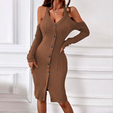 Women Dress Single-Breasted Hollow-out Knitted Sheath Dress Skirt